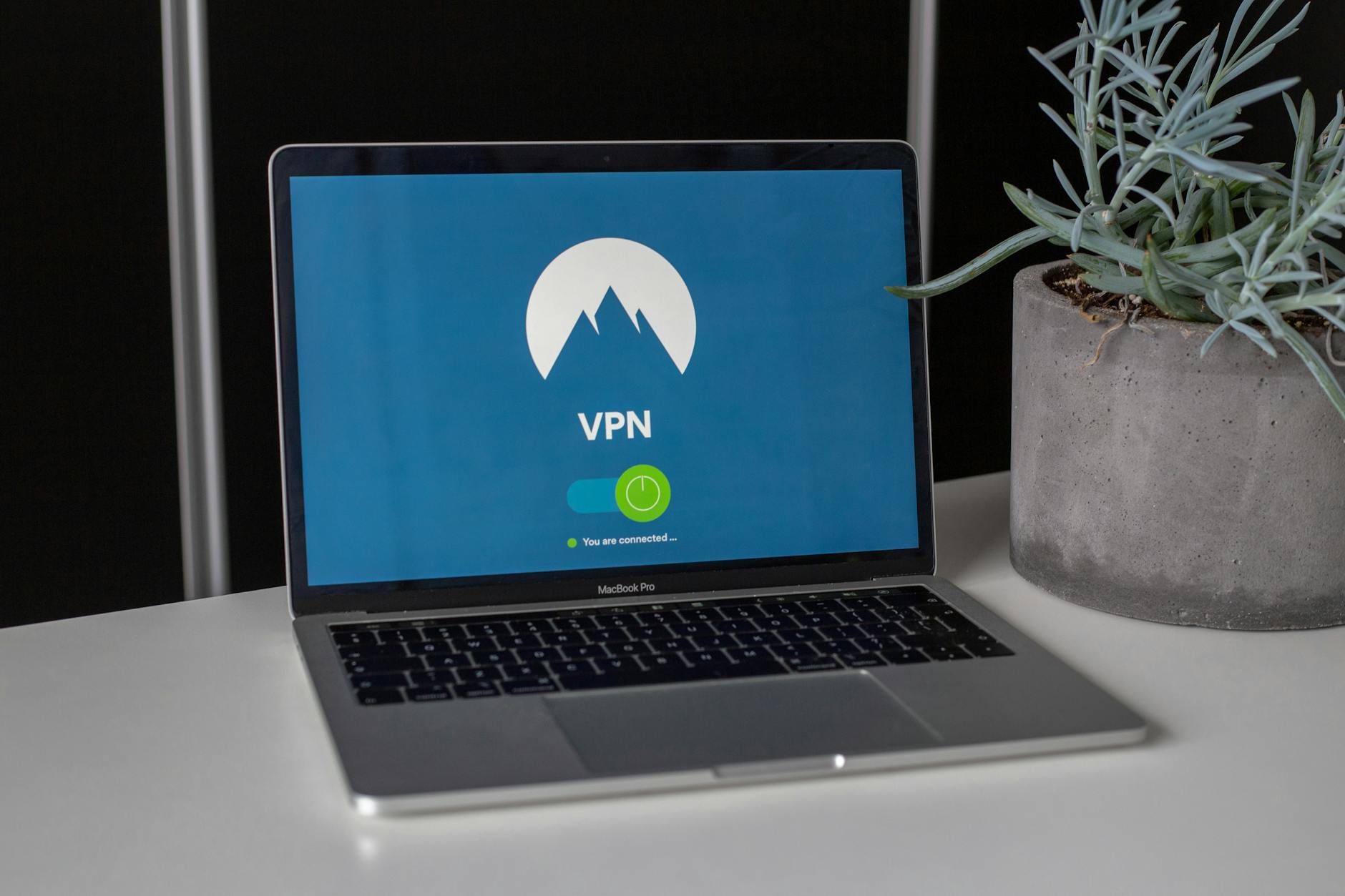 Laptop z włączonym VPN na biurku obok małej rośliny